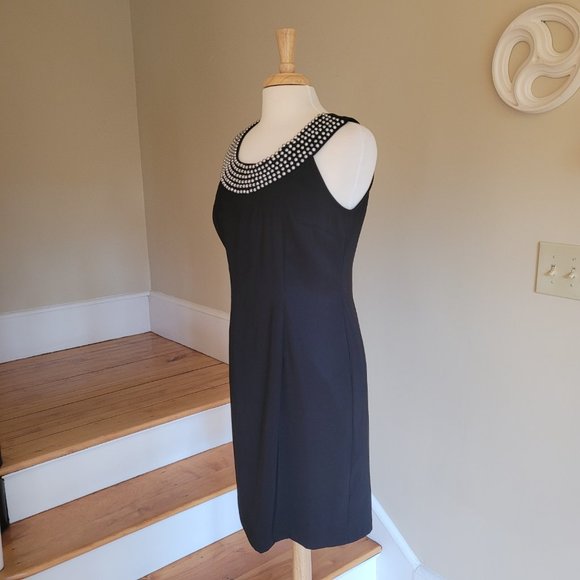 Black Sleeveless Cocktail Sheath Dress With Metal Stud Neck Detail, By Connected - Picture 3 of 9